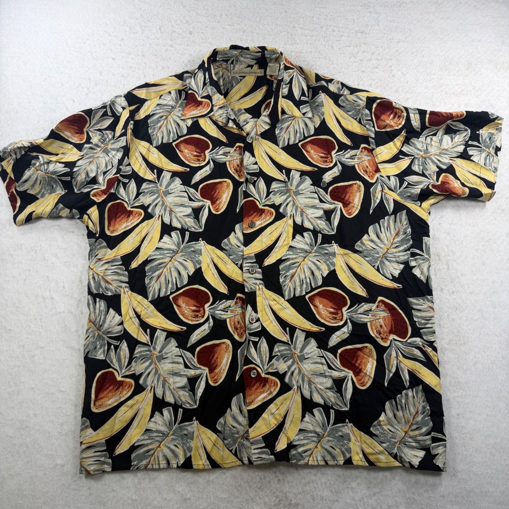 Munsingwear Mens Large Tropical Rayon Button Up Shirt Black Yellow Fruit Leaf